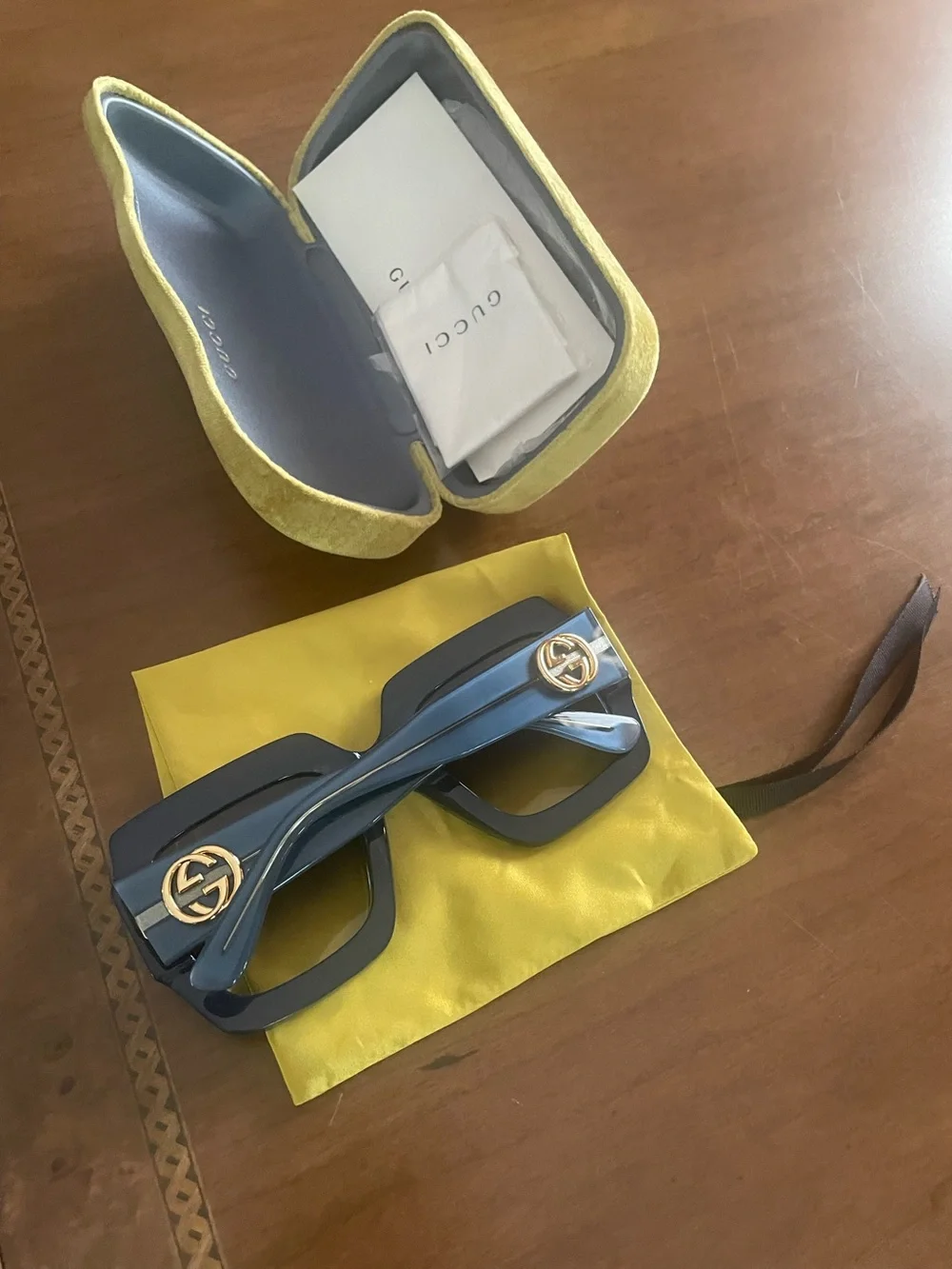 Gucci Blue Rectangular Logo Sunglasses with Gold Accents